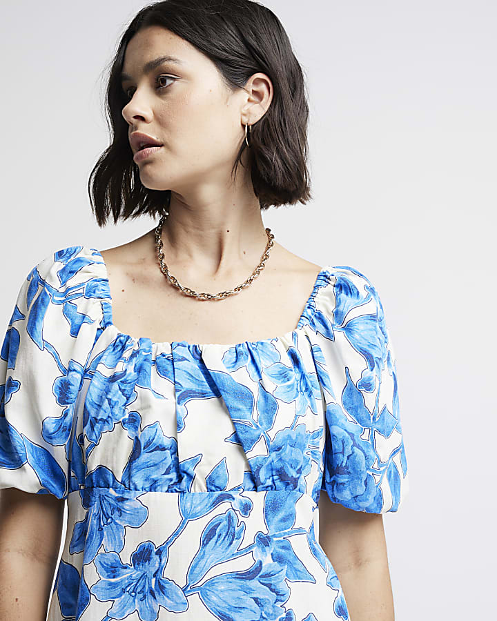 Blue floral puff sleeve swing midi dress
