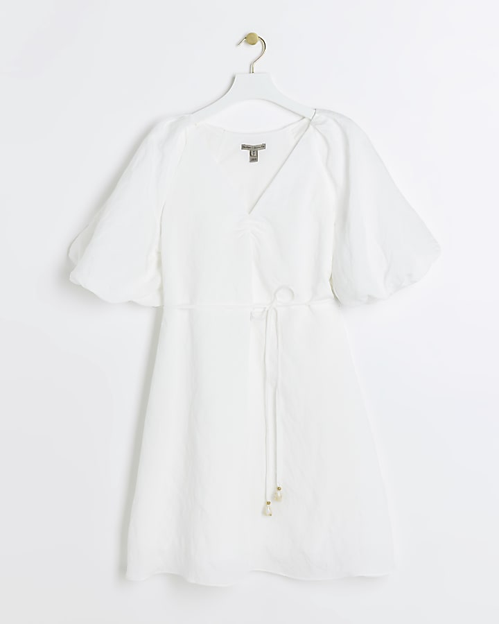 White belted puff sleeve swing mini dress