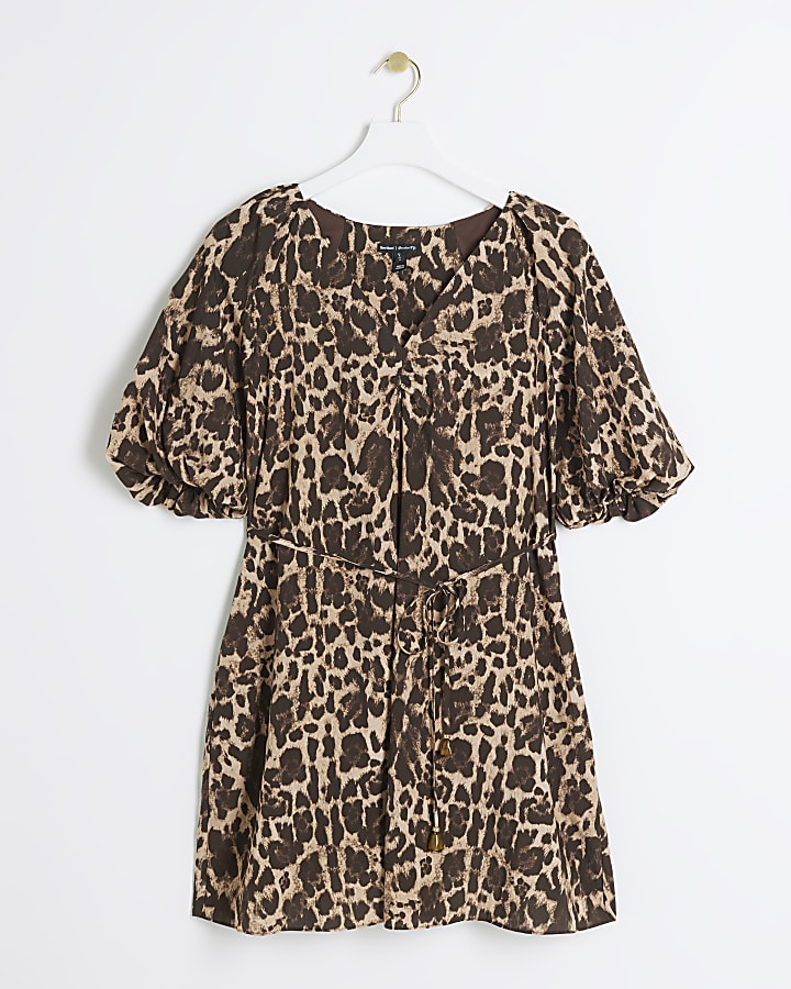 Brown leopard print belted swing mini dress