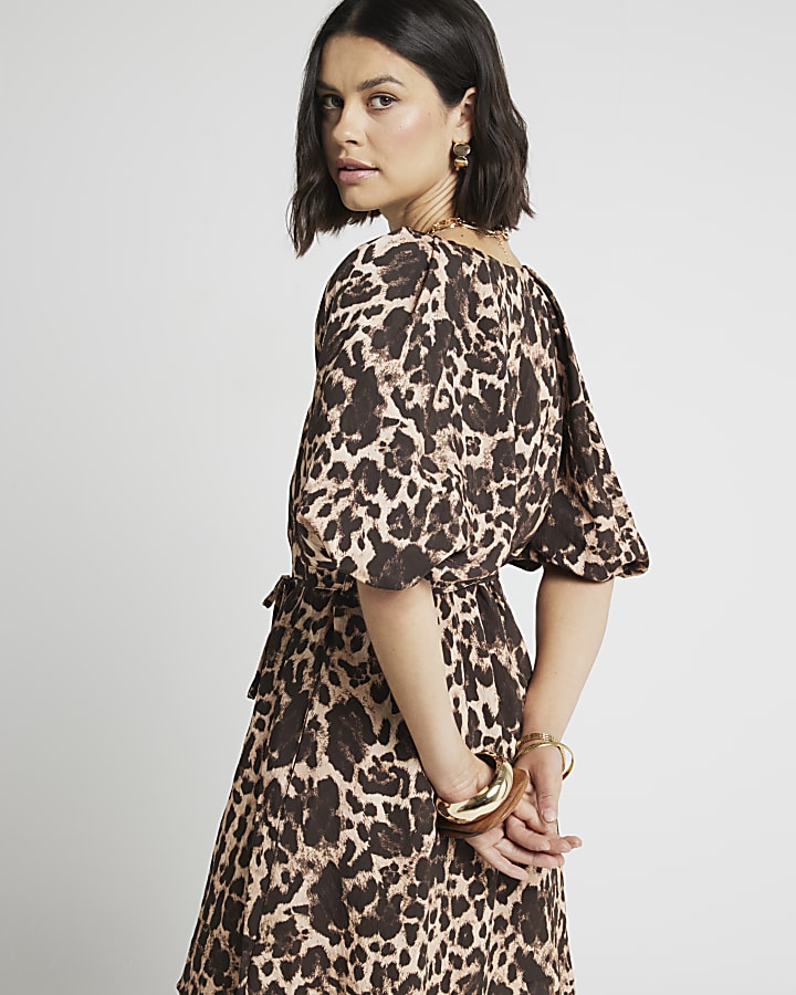 Brown leopard print belted swing mini dress