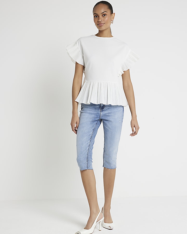 Cream Plisse Trim Frill T-Shirt