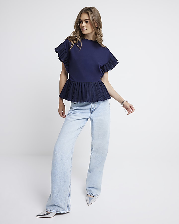 Navy Plisse Trim Frill T-Shirt