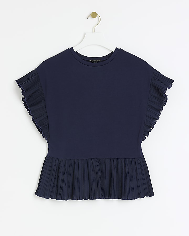 Navy Plisse Trim Frill T-Shirt