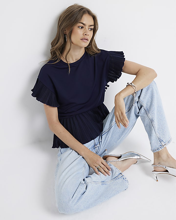 Navy Plisse Trim Frill T-Shirt