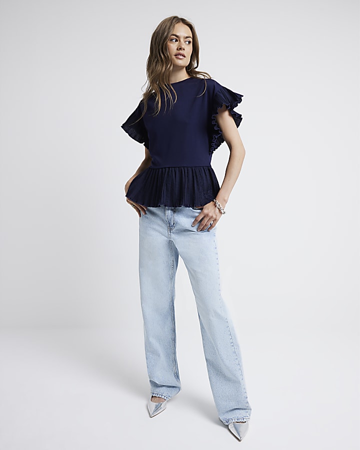 Navy Plisse Trim Frill T-Shirt