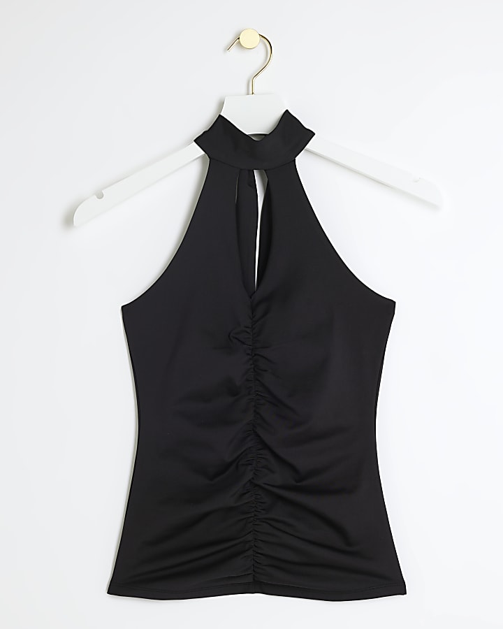 Black ruched halter neck top