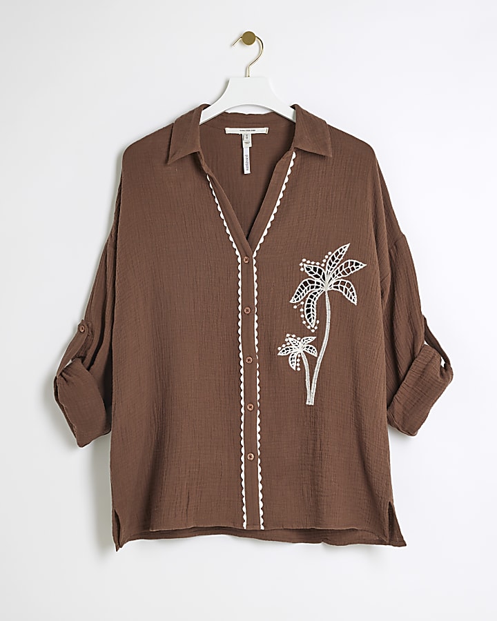 Brown embroidered palm tree beach shirt