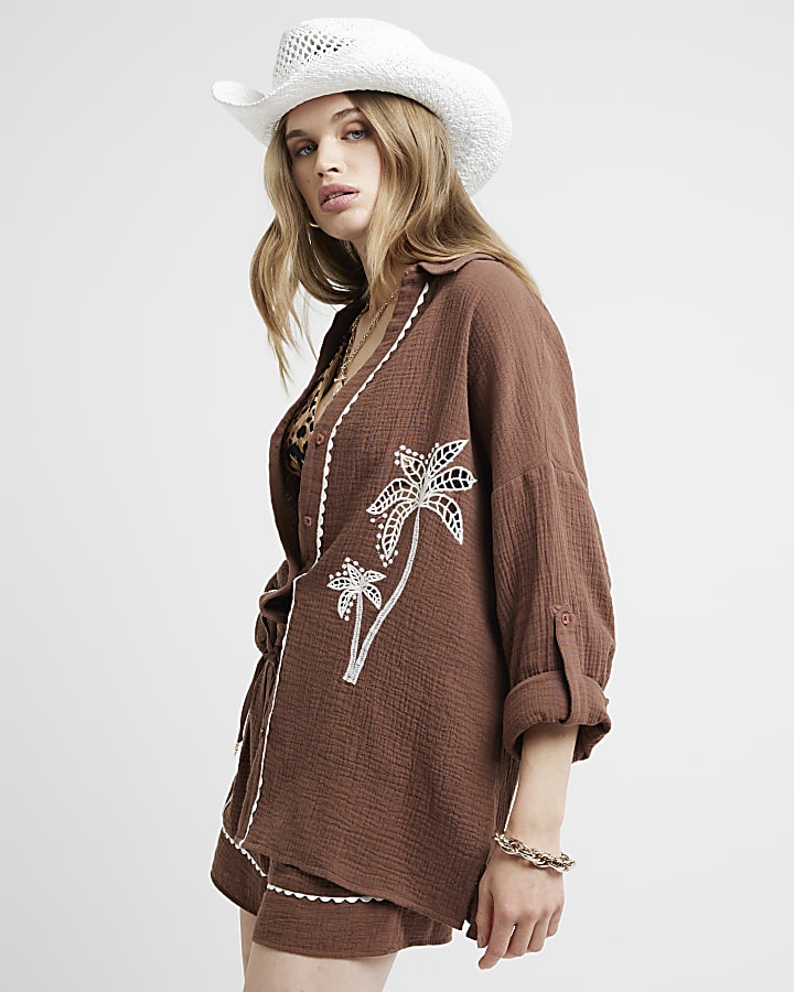 Brown embroidered palm tree beach shirt