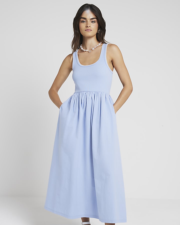 Blue Whipstitch Skater Midi Dress