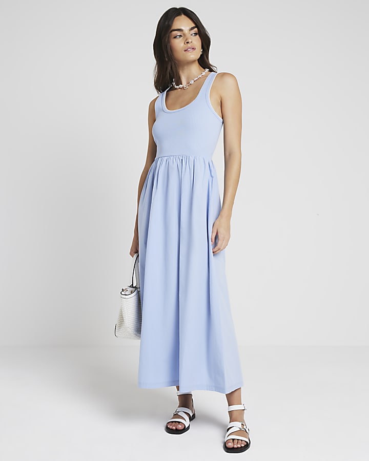 Blue Whipstitch Skater Midi Dress