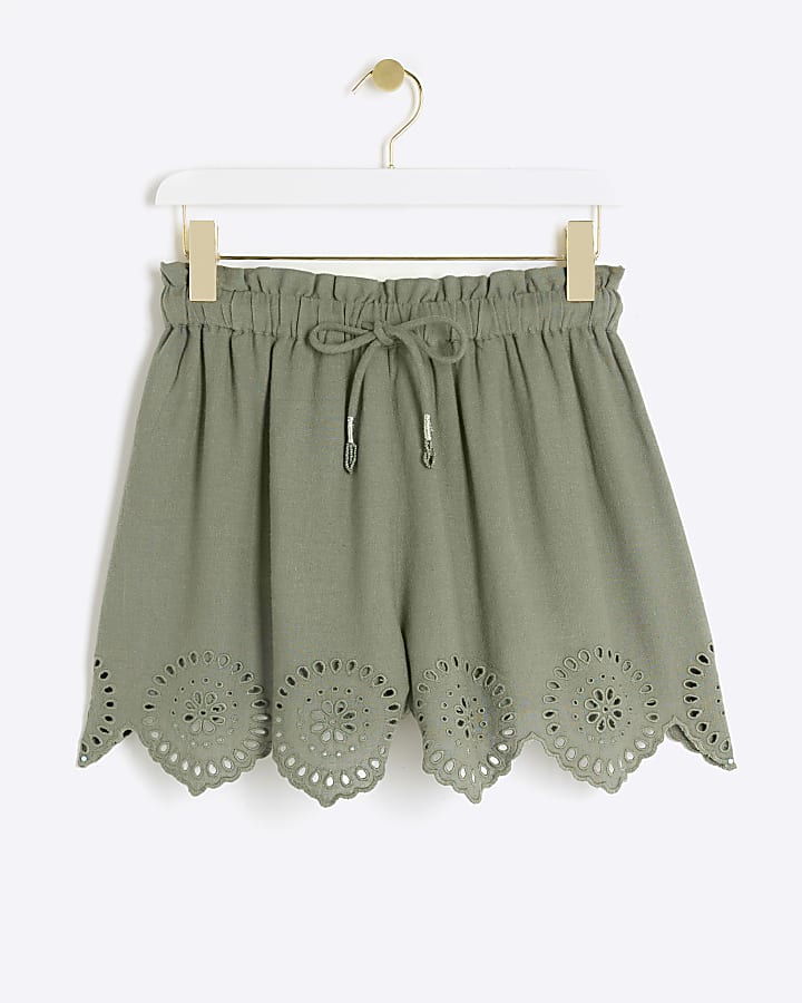 Khaki broderie linen blend shorts