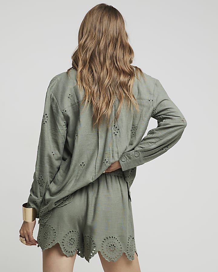 Khaki broderie linen blend shorts
