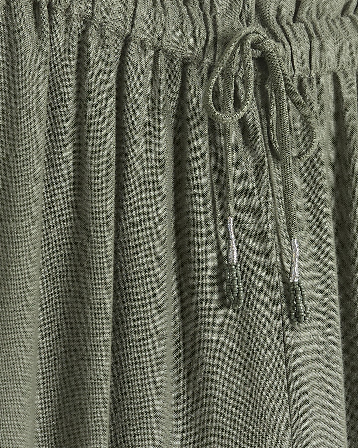 Khaki linen blend broderie trousers