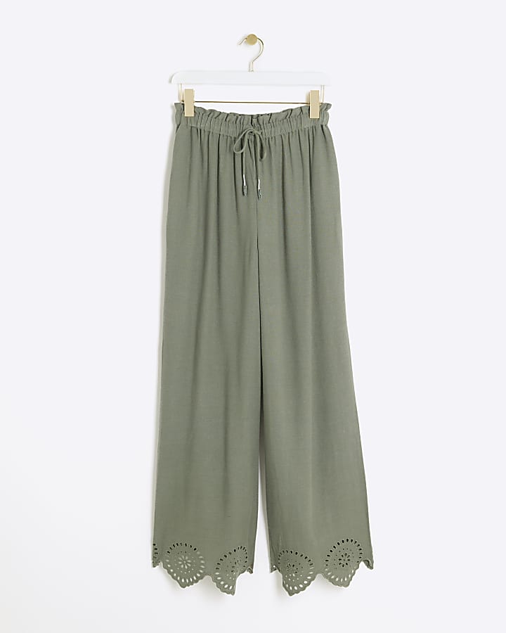 Khaki linen blend broderie trousers