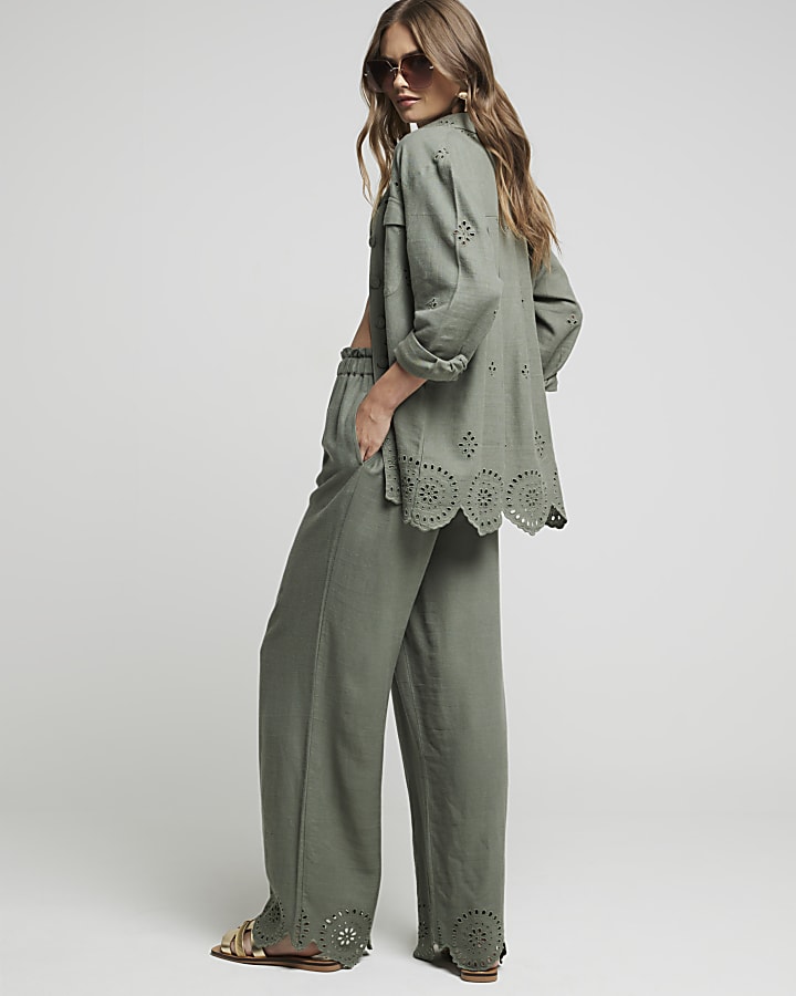 Khaki linen blend broderie trousers