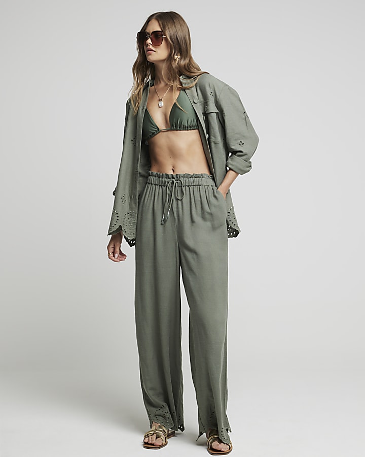 Khaki linen blend broderie trousers