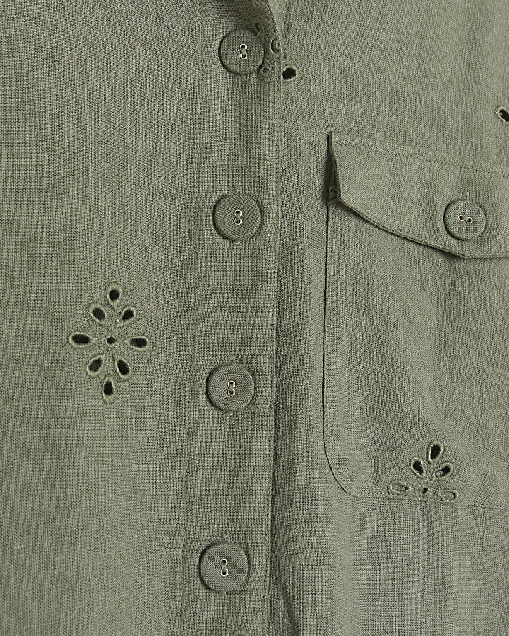 Khaki Linen Blend Broderie Detail Shirt