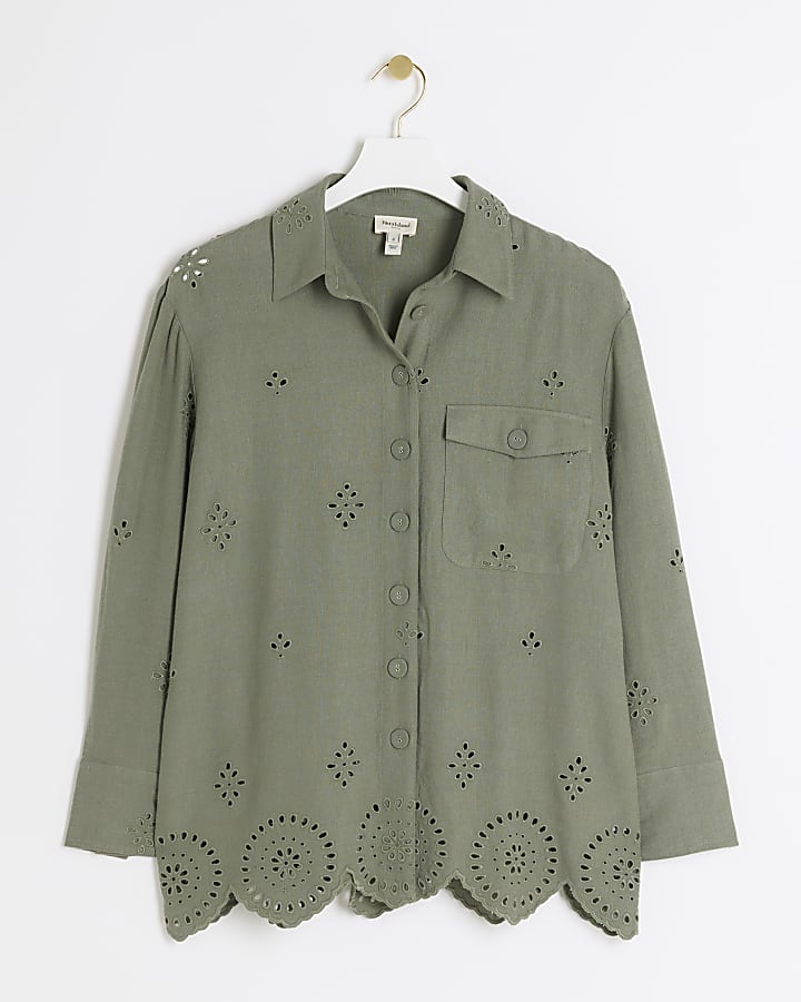 Khaki Linen Blend Broderie Detail Shirt