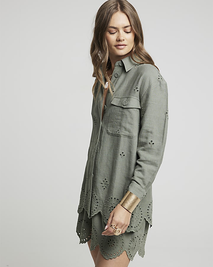 Khaki Linen Blend Broderie Detail Shirt