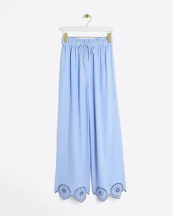 Blue linen blend broderie trousers