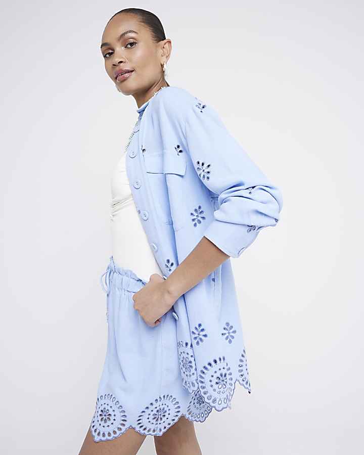 Blue Linen Blend Broderie Shorts