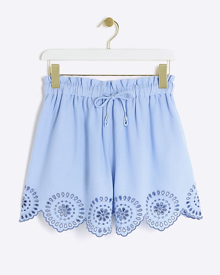 Blue Linen Blend Broderie Shorts