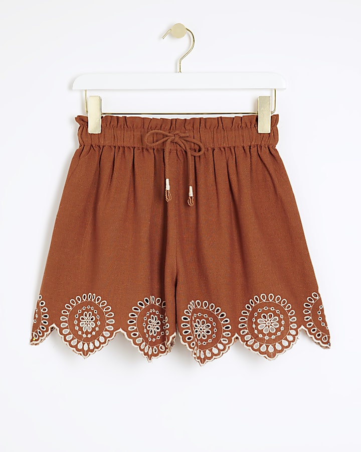 Rust linen blend broderie shorts