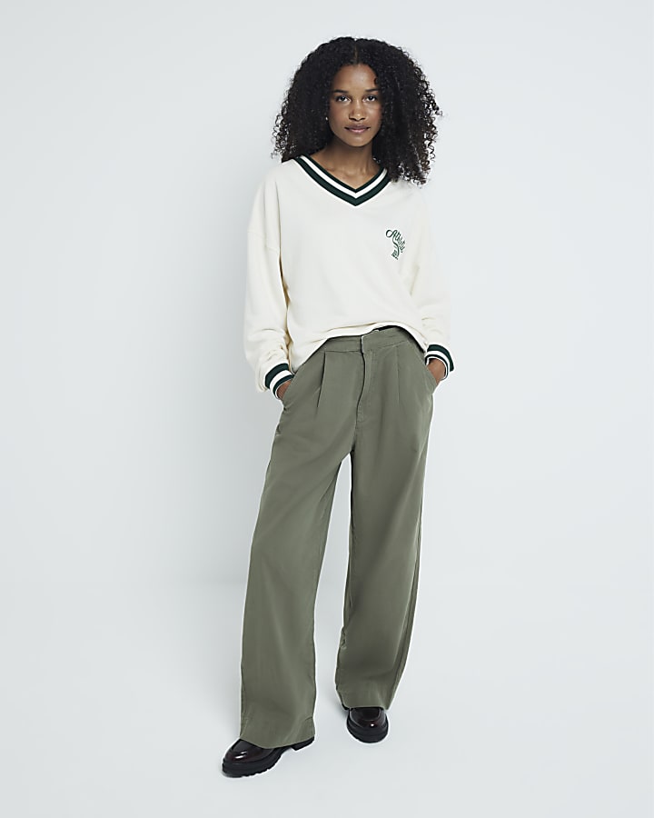 Khaki Wide Leg Twill Trousers