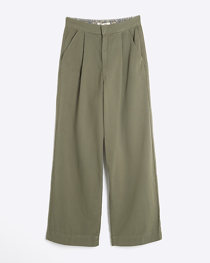 Khaki Wide Leg Twill Trousers