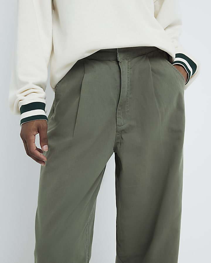 Khaki Wide Leg Twill Trousers