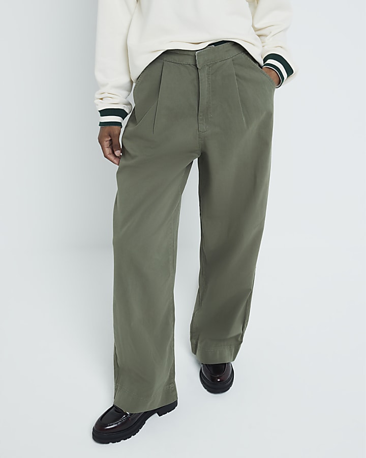 Khaki Wide Leg Twill Trousers