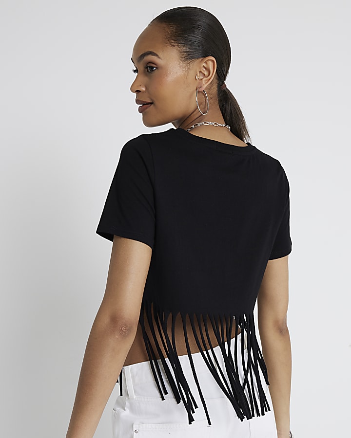 Black Rock Print Fringe Crop graphic T-shirt