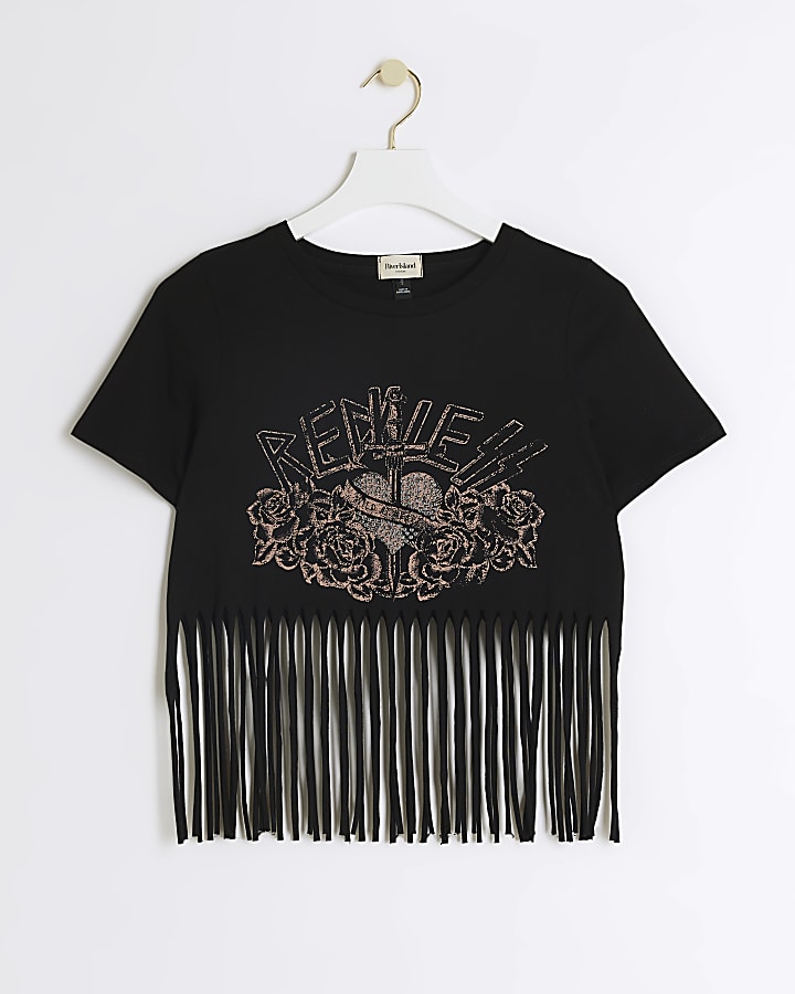 Black Rock Print Fringe Crop graphic T-shirt