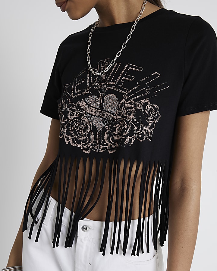 Black Rock Print Fringe Crop graphic T-shirt