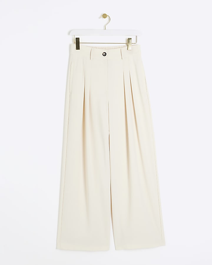 Cream Pleated Wide Leg Trousers