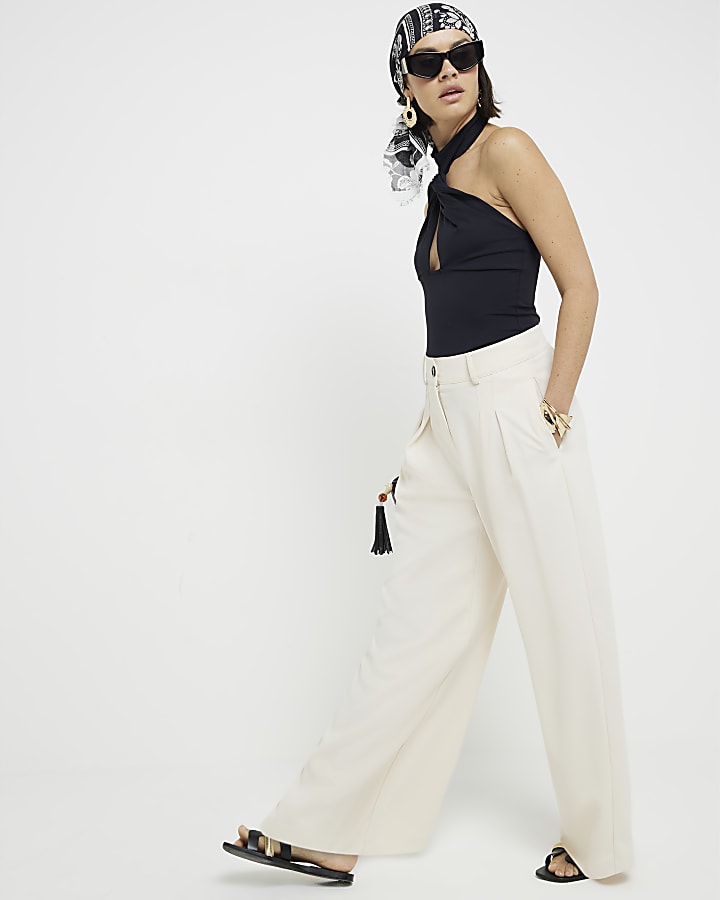 Cream Pleated Wide Leg Trousers