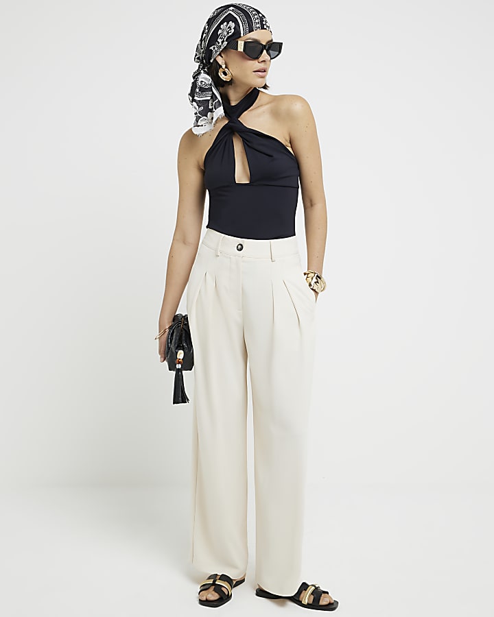 Cream Pleated Wide Leg Trousers