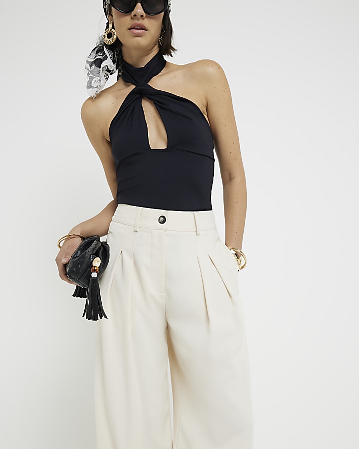 Cream Pleated Wide Leg Trousers