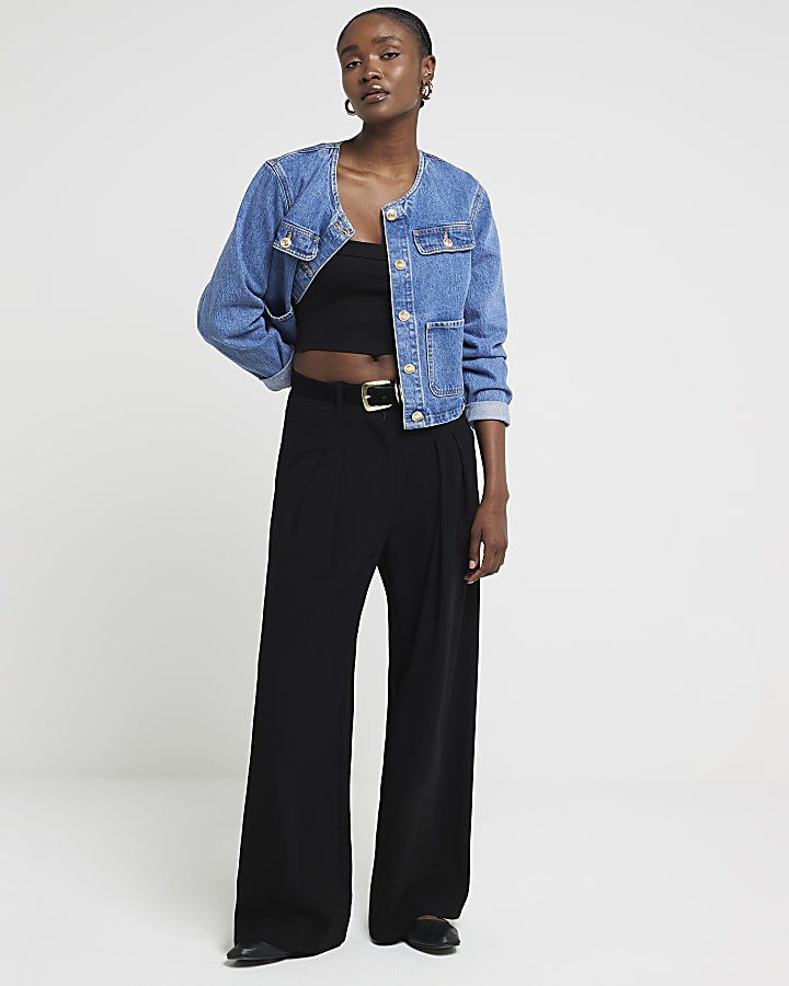 Black Elasticated Wide Leg Trousers River Island