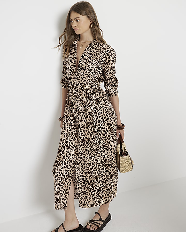 Beige leopard print belted midi shirt dress