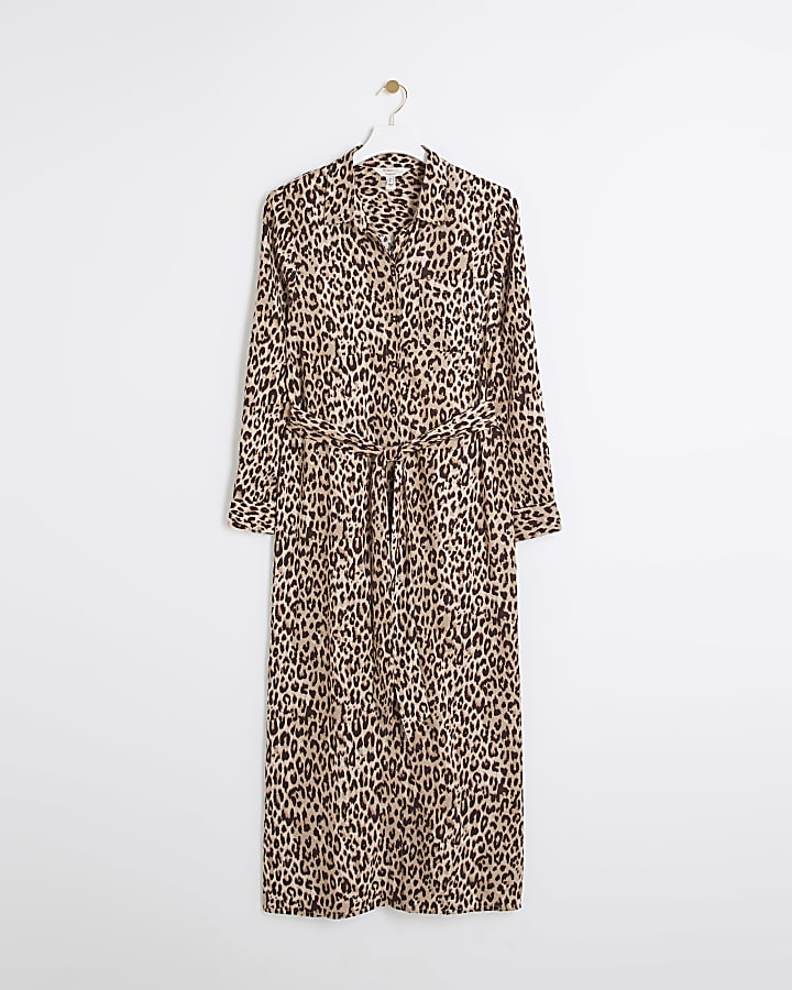 Beige leopard print belted midi shirt dress