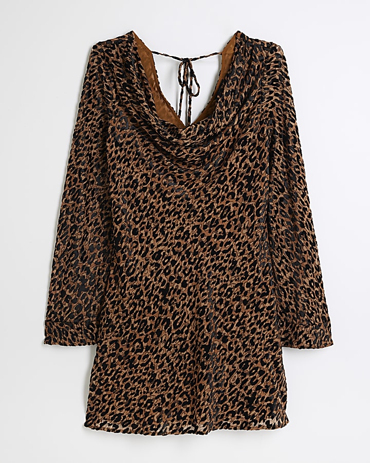 Brown leopard cowl neck shift mini dress