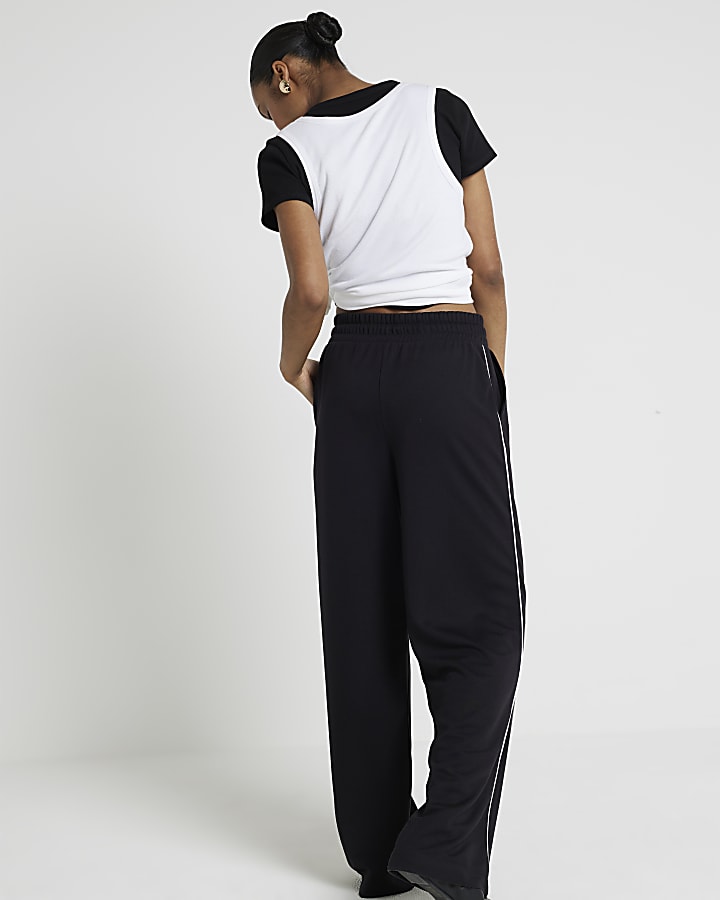 Black side piped stripe wide leg joggers