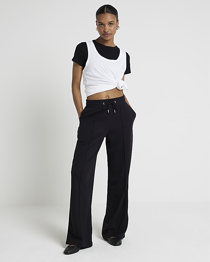 Black side piped stripe wide leg joggers