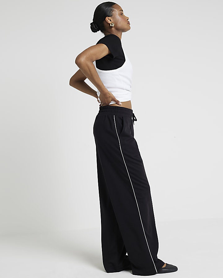 Black side piped stripe wide leg joggers River Island