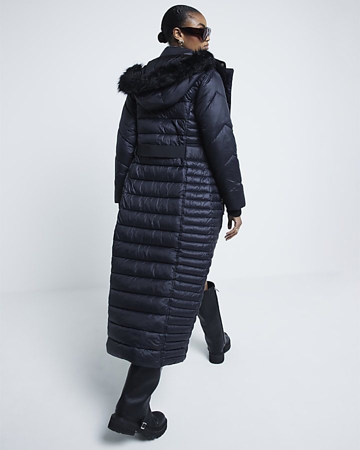 Black Extra Long Hooded Padded Jacket