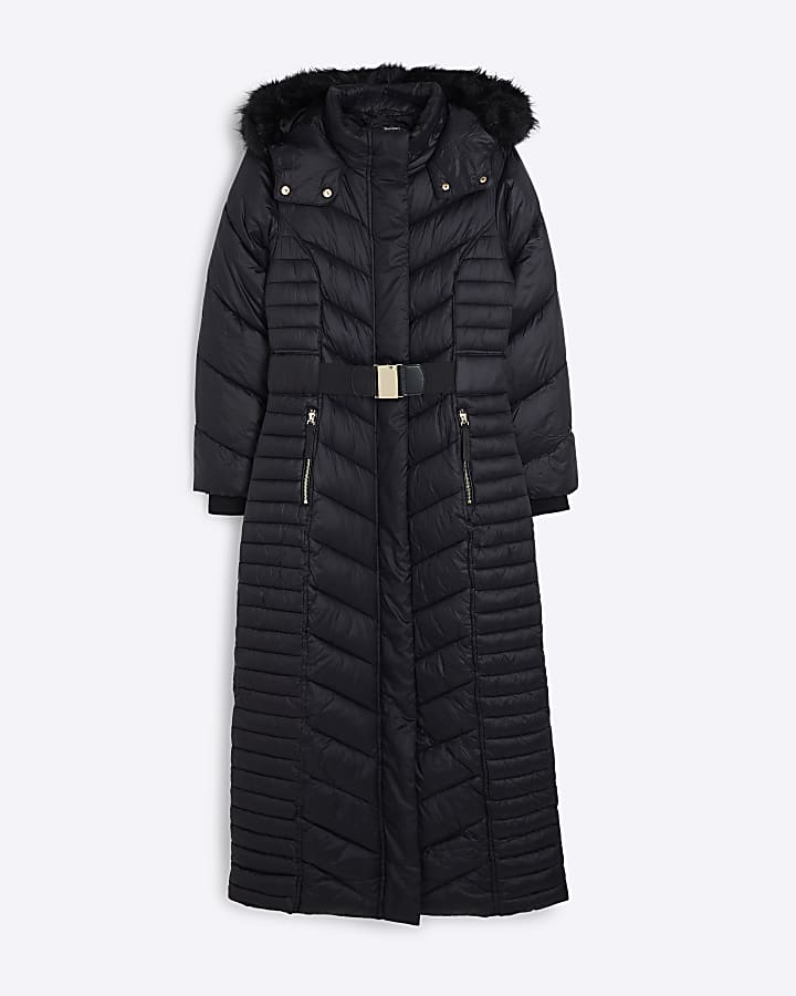 Black Extra Long Hooded Padded Jacket