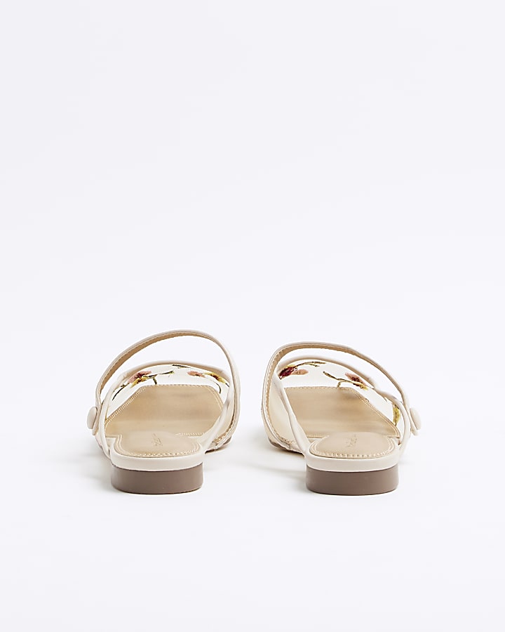 Beige Floral Embroidered Mules