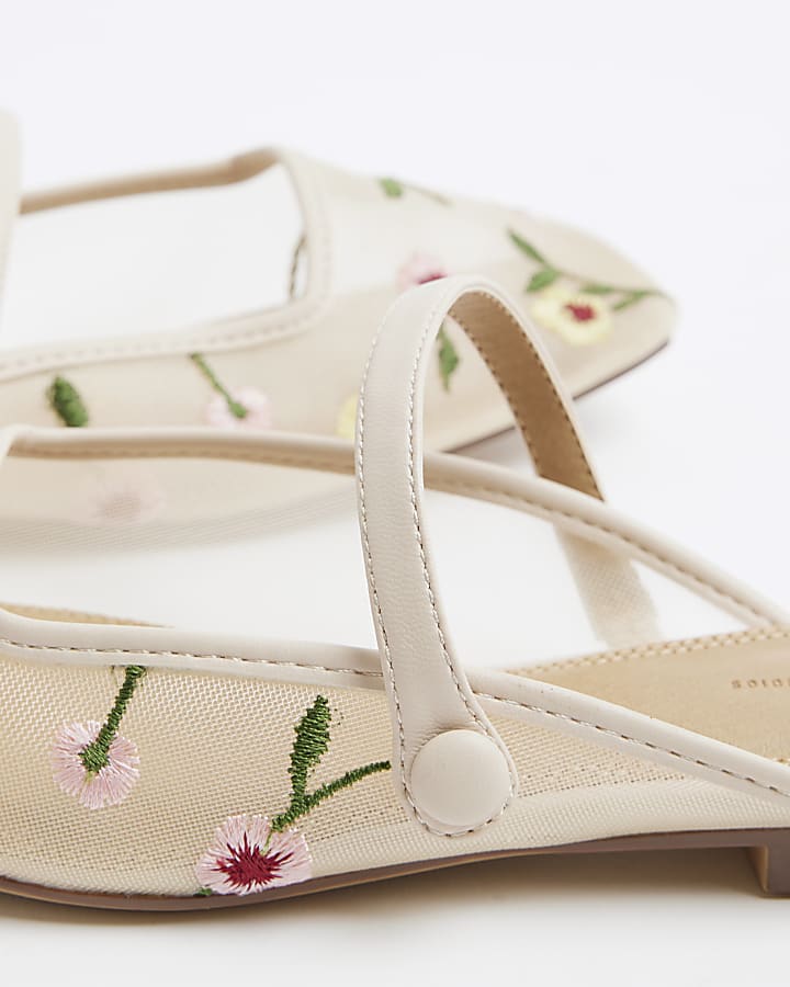 Beige Floral Embroidered Mules