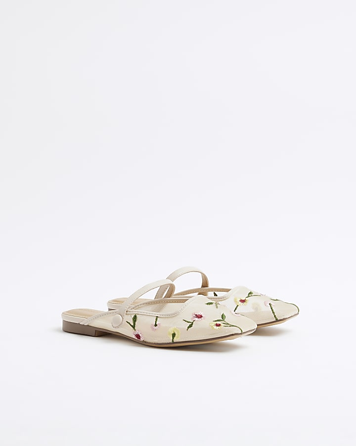 Beige Floral Embroidered Mules